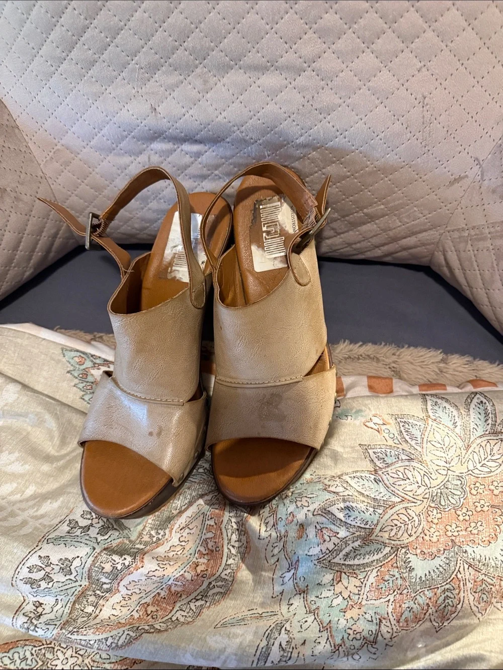 Beige Leather Platform Sandals with Studded Accents